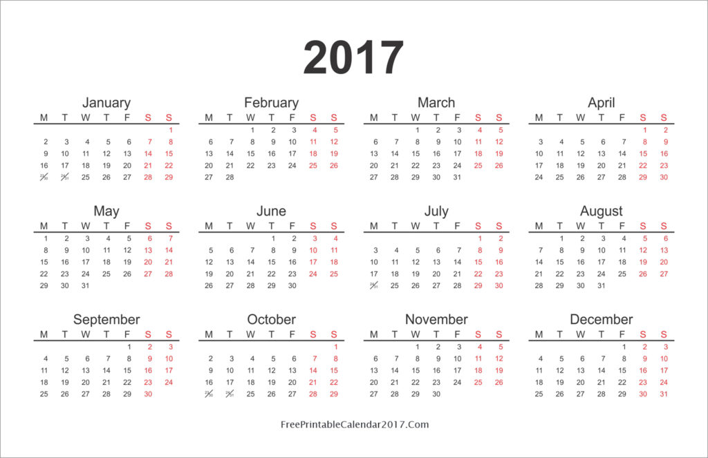 2017 Yearly Calendar Large Printable