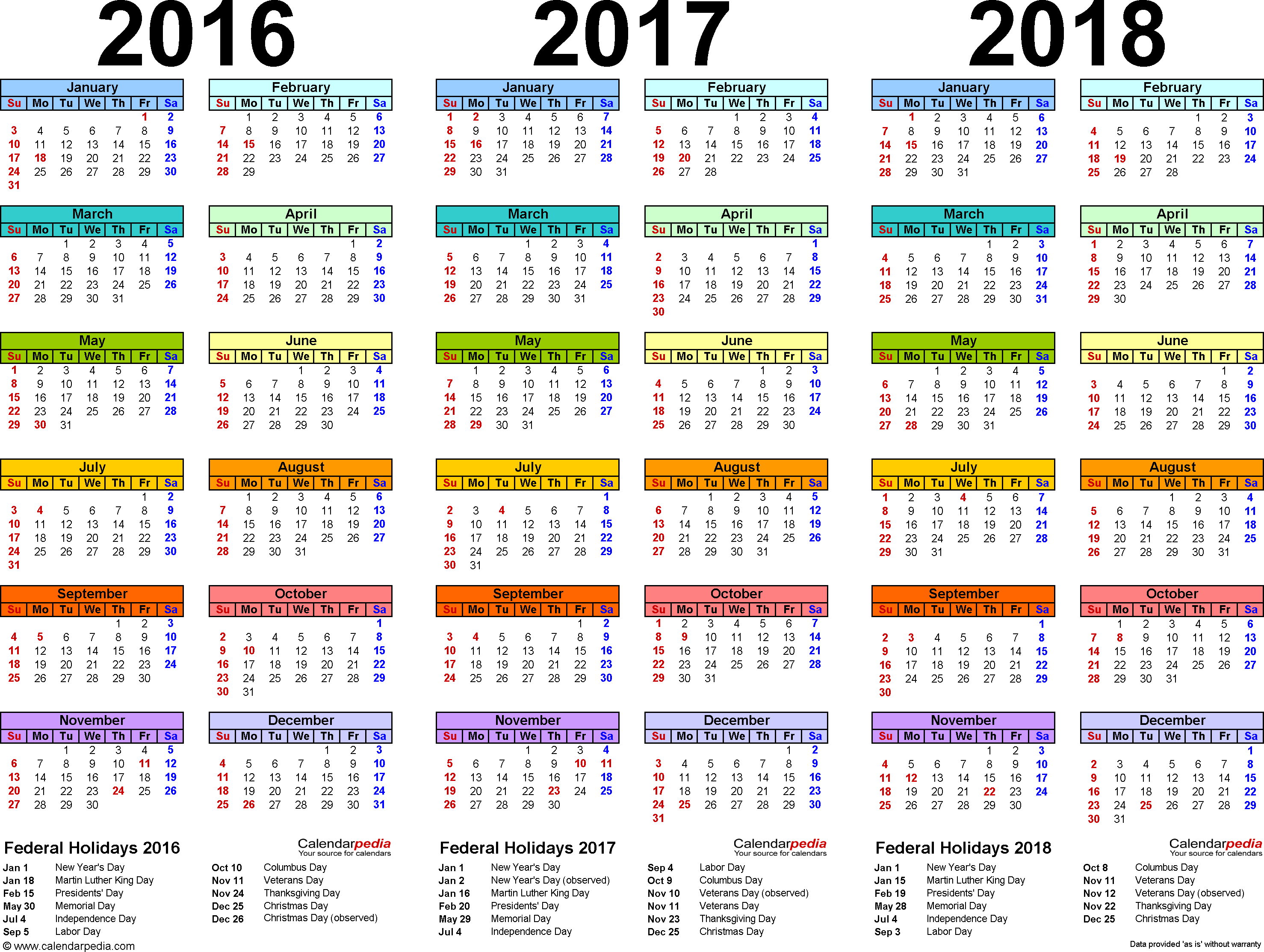 2016/2017/2018 calendar 4 three year printable PDF calendars