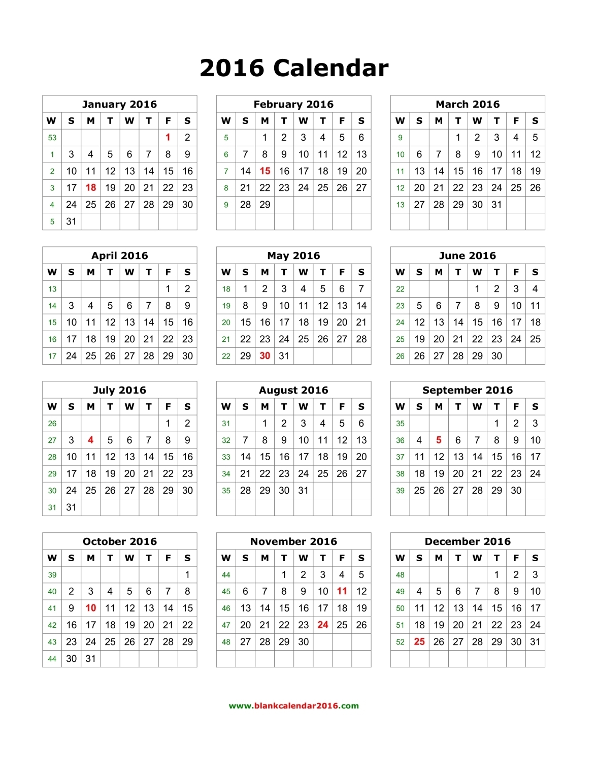 Blank Calendar 2016
