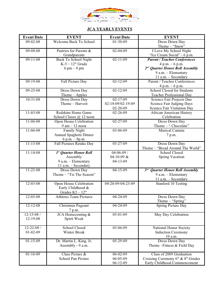 JCA Yearly Events Calendar 08 09 JCA Yearly Events Calendar 08 09