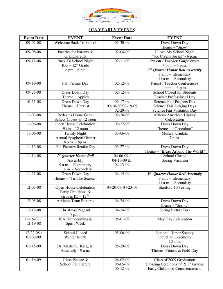 JCA Yearly Events Calendar 08 09 JCA Yearly Events Calendar 08 09
