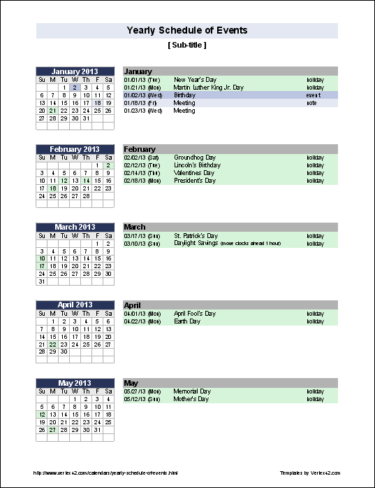 Free Yearly Schedule of Events Template
