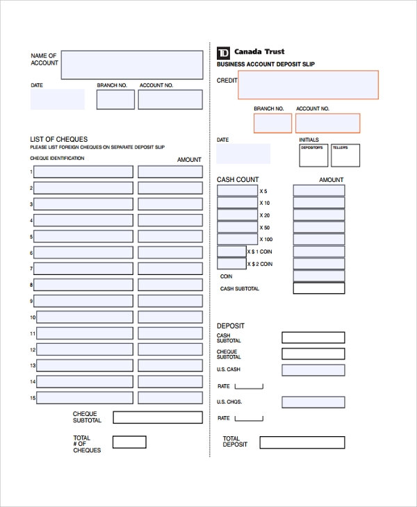 Sample Deposit Slip Template