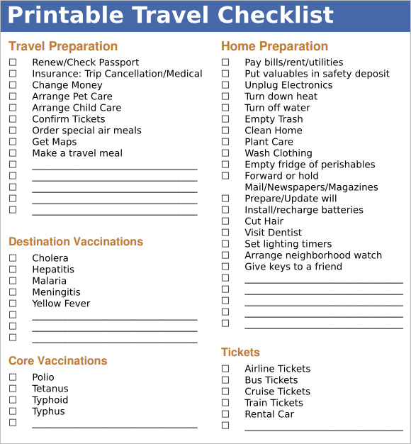 Printable Travel Checklist Template