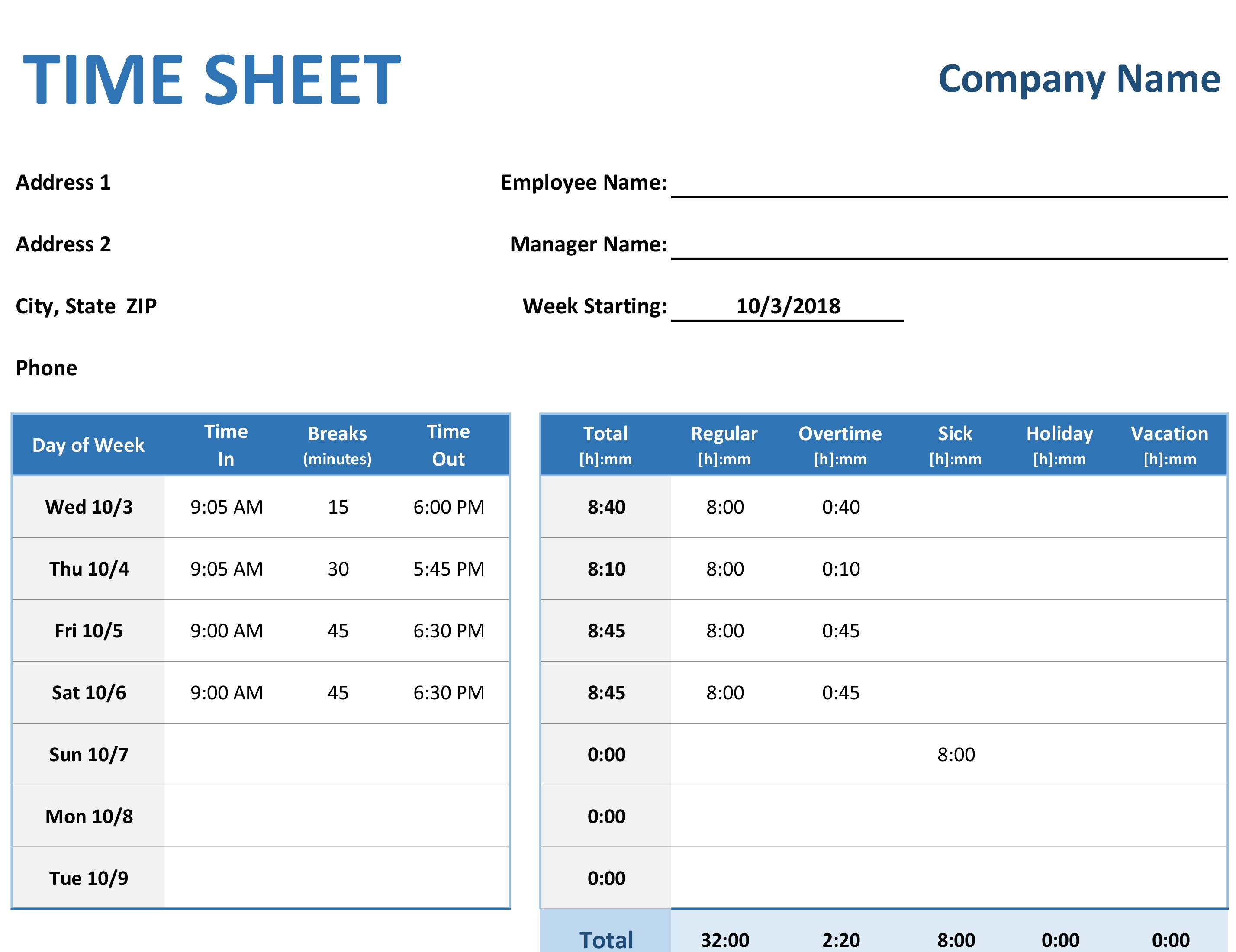 Weekly Timesheet Template Free