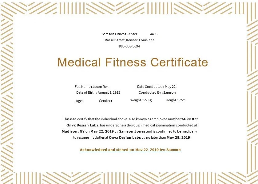 Medical Fitness Certificate Form
